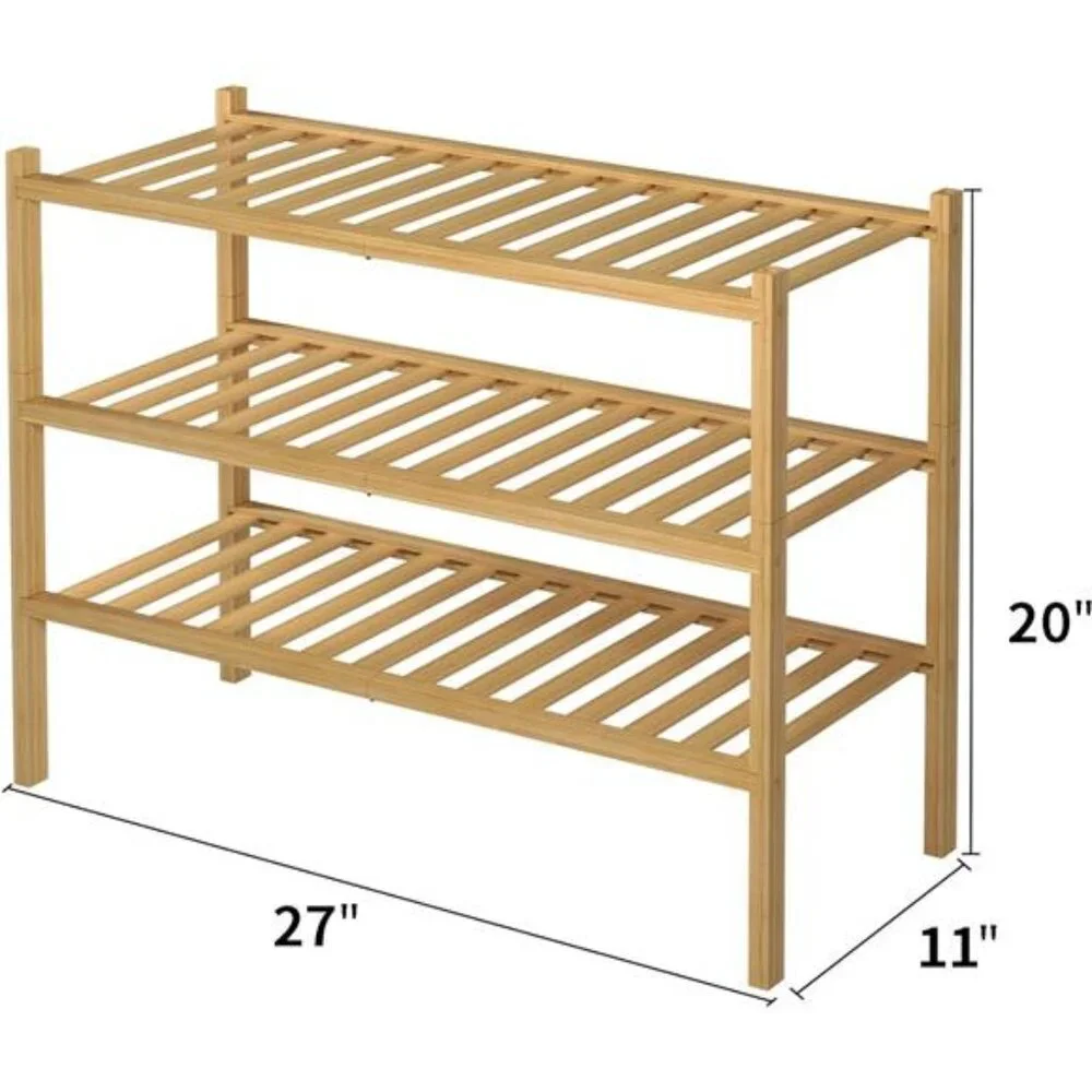 3 Tier Bamboo Shoe Rack for Closet Free Standing Wood Shoe Shelf Storage